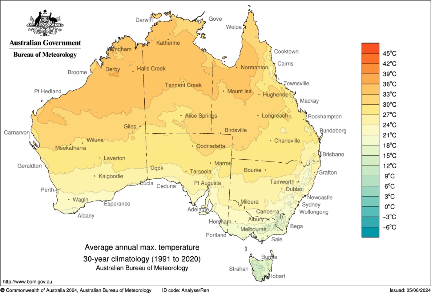Mappa del Bureau of Meteorology con le temperature massime medie annuali in Australia