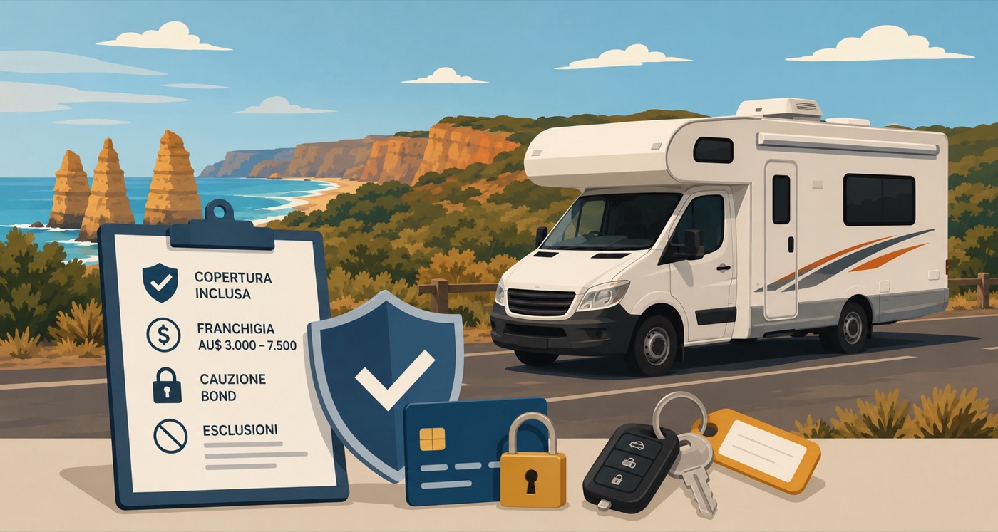 Scheda di copertura, cauzione e franchigia accanto a un camper sulla costa australiana