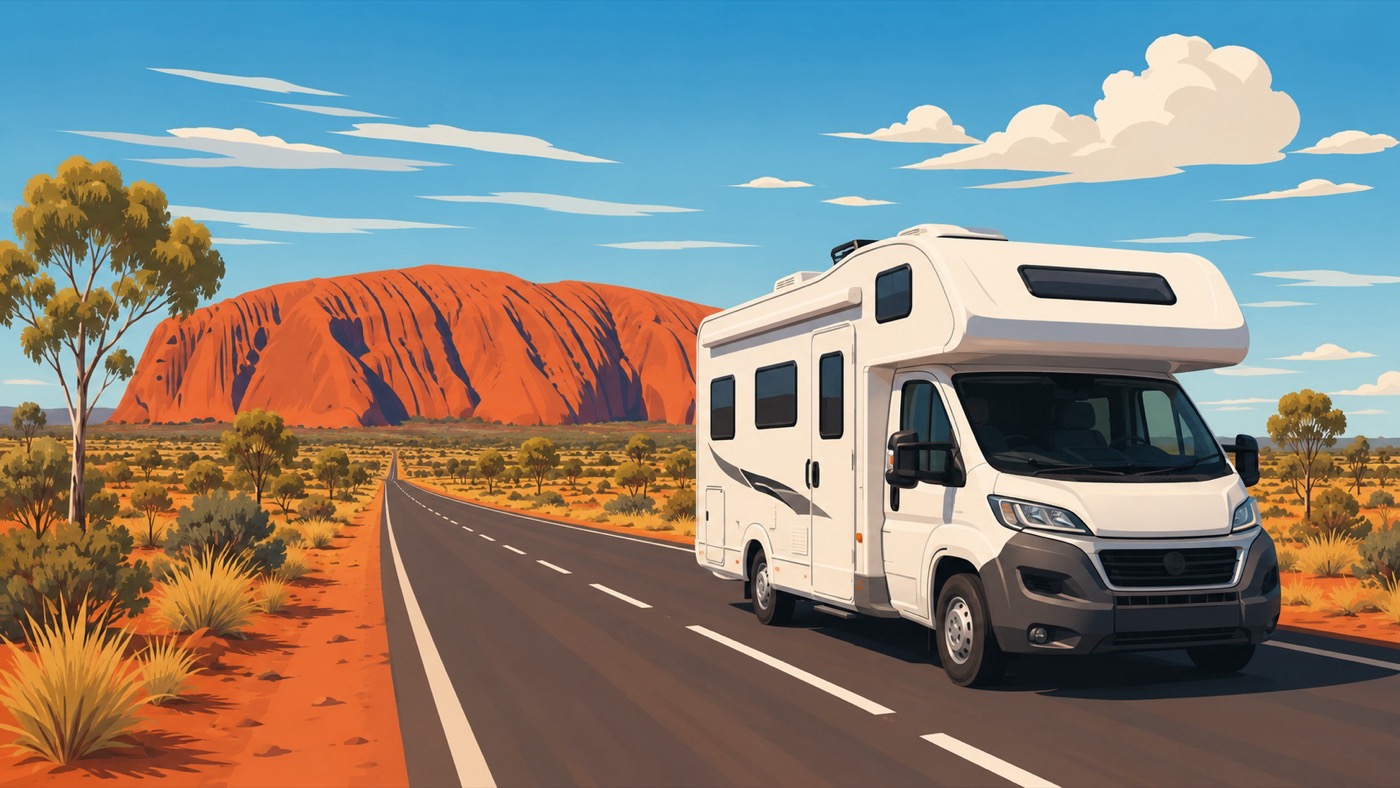 Camper sulla strada verso Uluru nel Red Centre durante un viaggio in Australia ad agosto