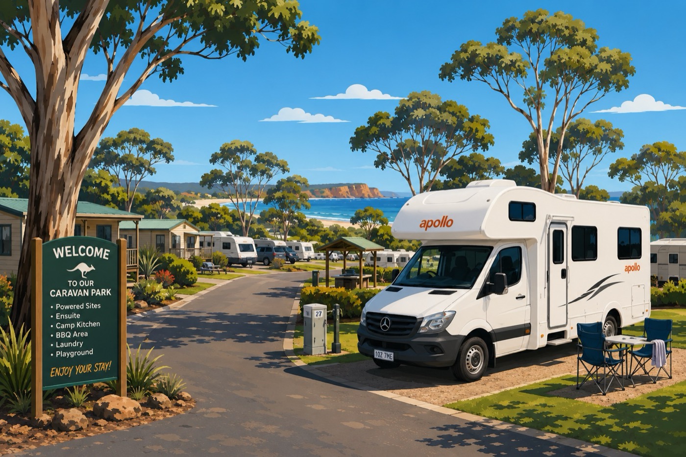 Camper parcheggiato in un caravan park australiano con servizi e piazzole vicino alla costa