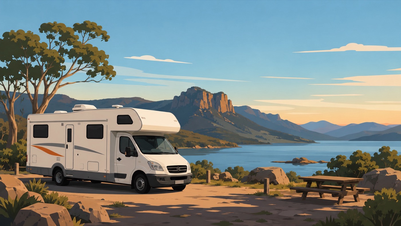 Camper fermo in un’area naturale vicino a un lago e alle montagne in Australia