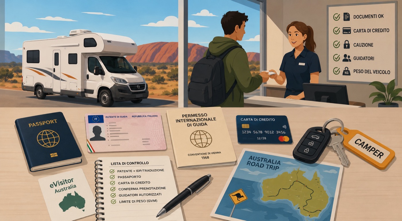 Patente italiana, permesso internazionale, carta di credito e chiavi al banco di noleggio camper in Australia