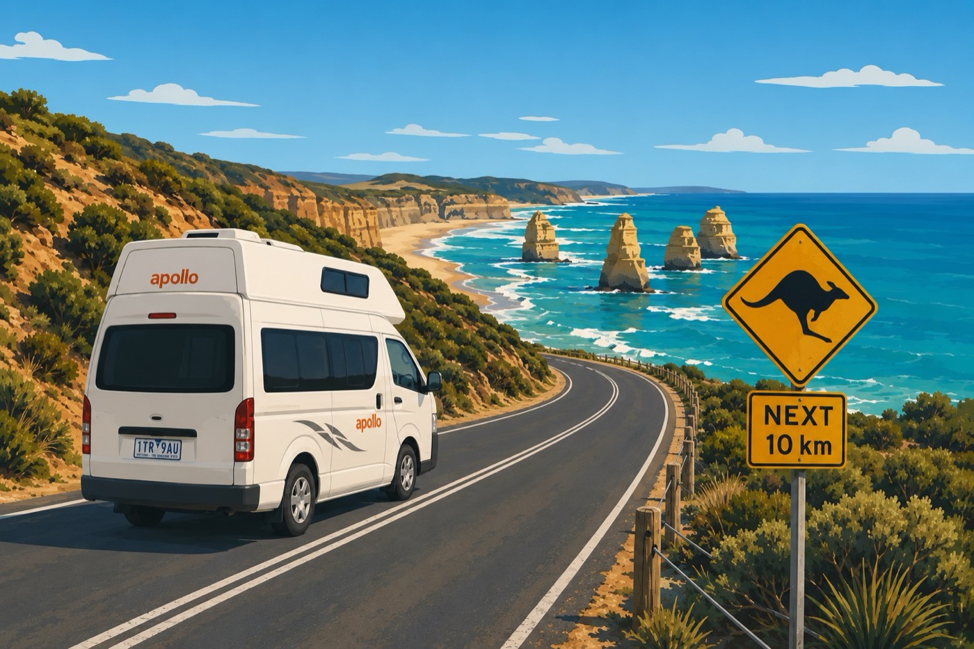 Van sulla Great Ocean Road con segnale di canguri, utile per preparare un primo viaggio in Australia