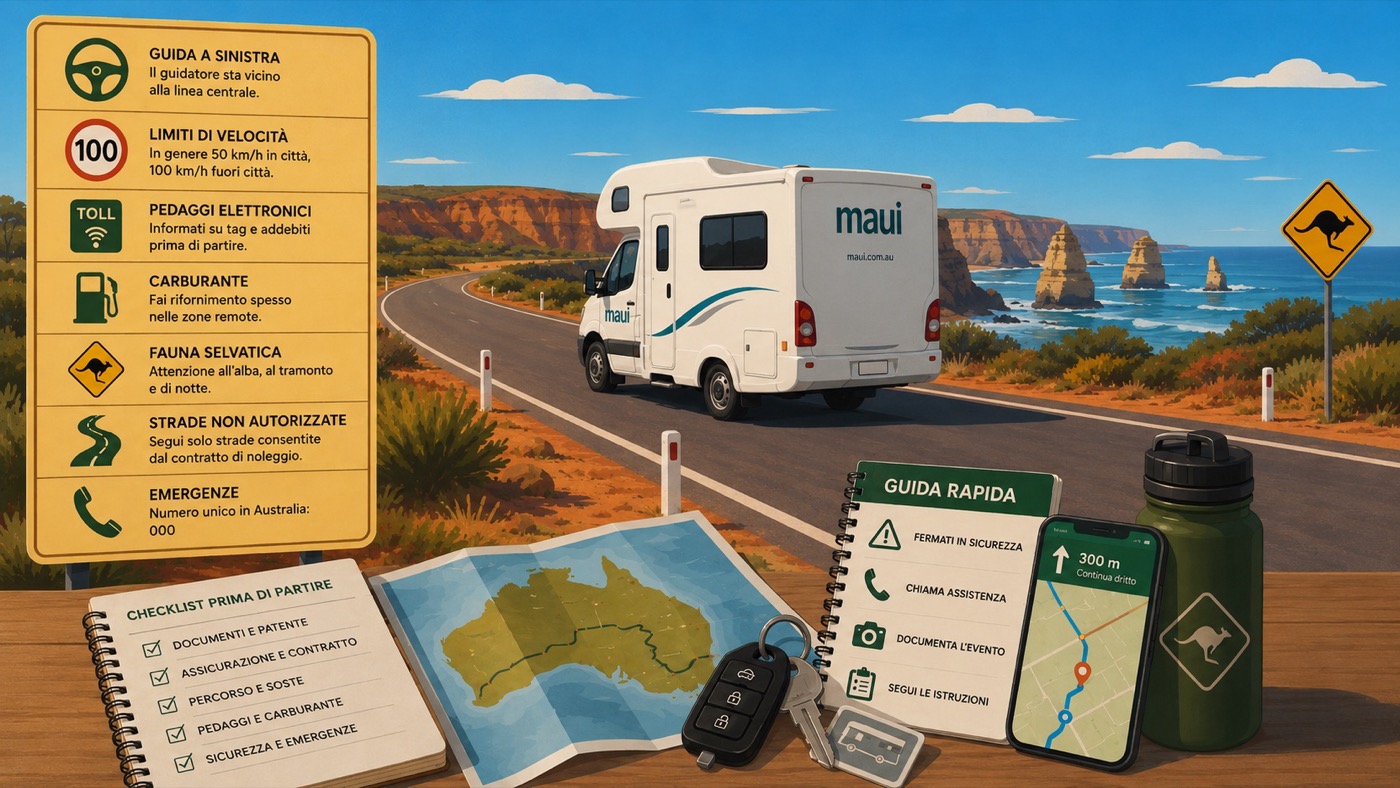 Pannello con regole di guida, pedaggi, carburante e fauna selvatica per guidare un camper in Australia