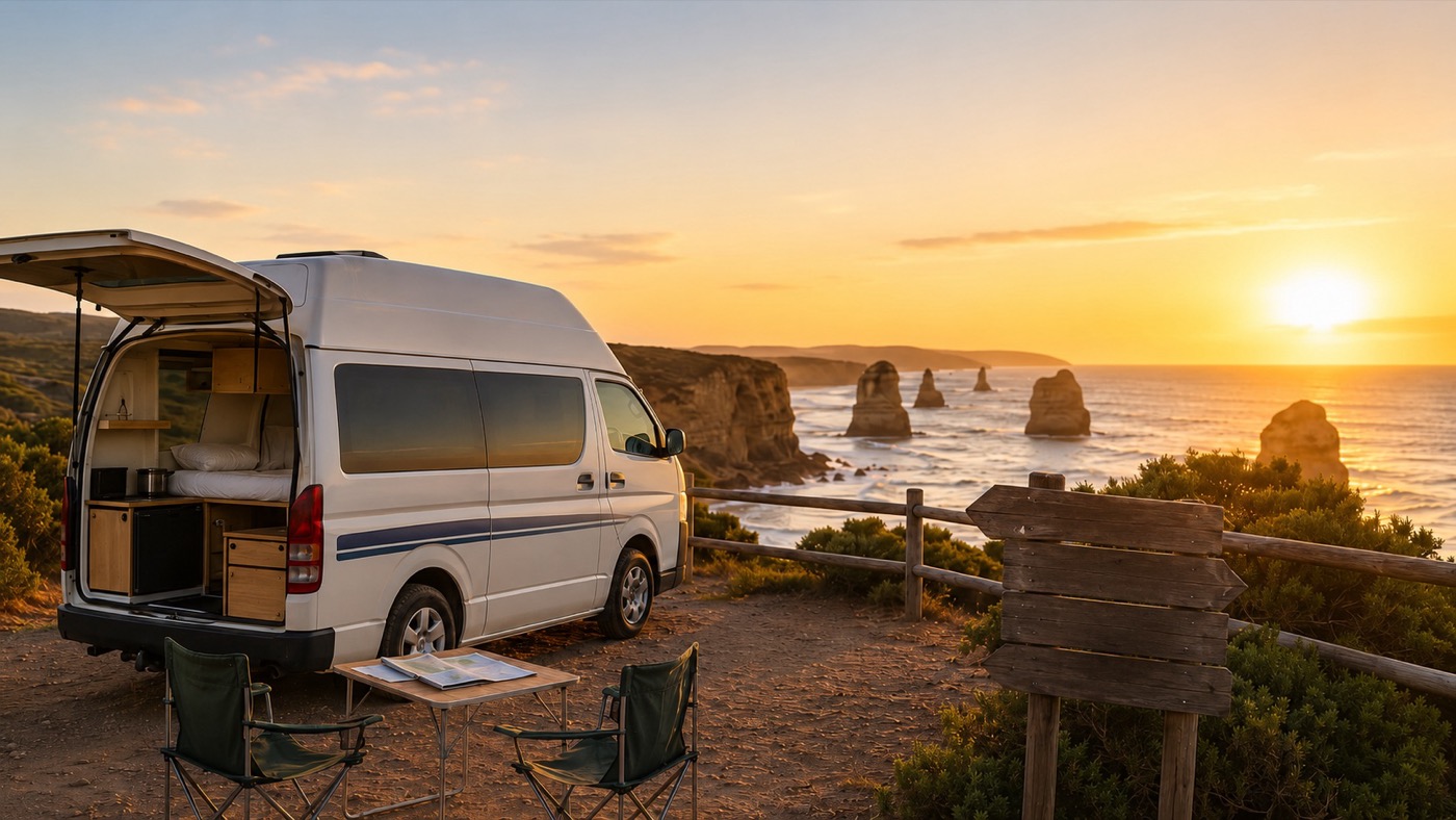 Van attrezzato al tramonto sulla costa australiana, con tavolo e sedie davanti ai Twelve Apostles