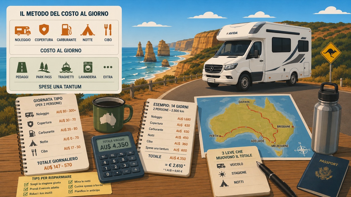 Calcolo del costo giornaliero di un viaggio in camper in Australia con noleggio, carburante, notti e mappa
