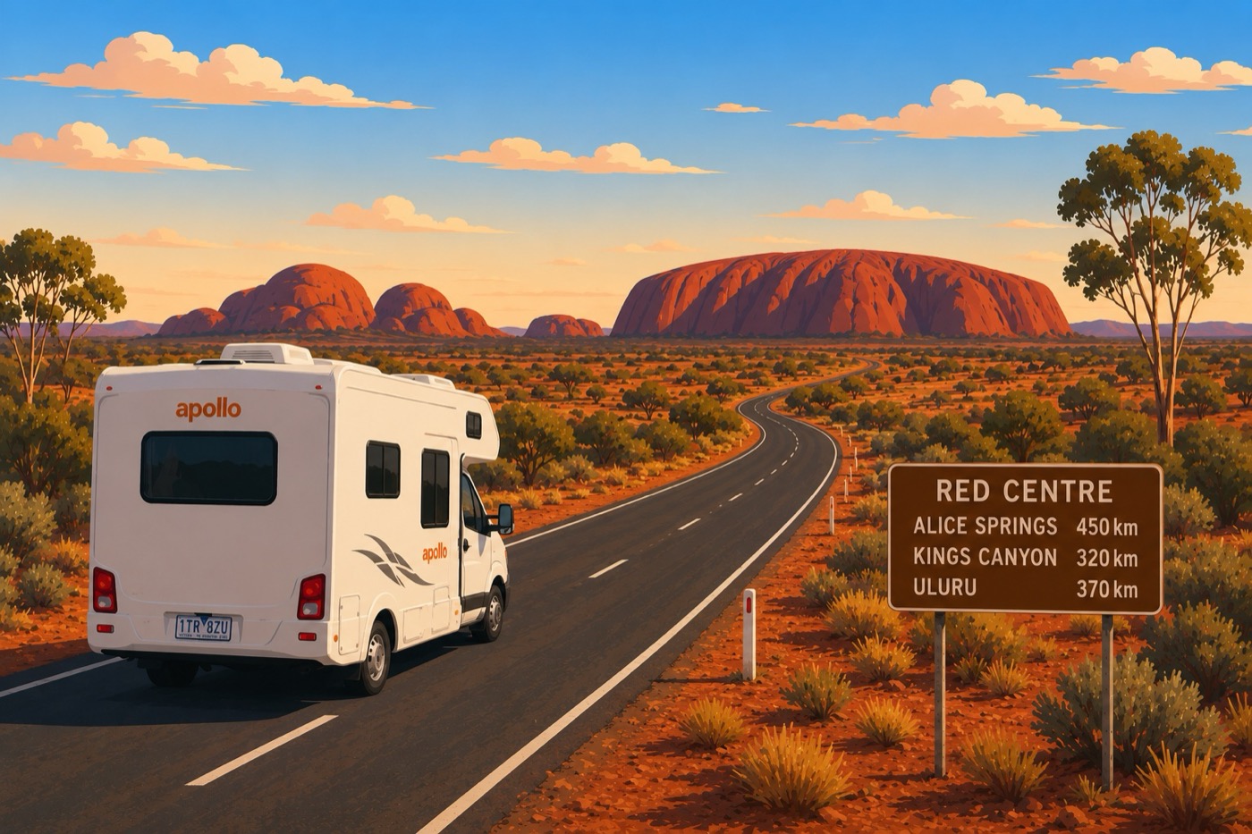 Camper sulla strada del Red Centre verso Uluru, Kings Canyon e Alice Springs in Australia