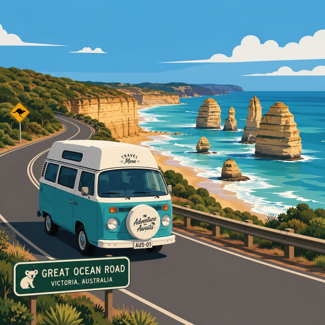 Camper turchese sulla Great Ocean Road, tra scogliere e Twelve Apostles nel Victoria, Australia